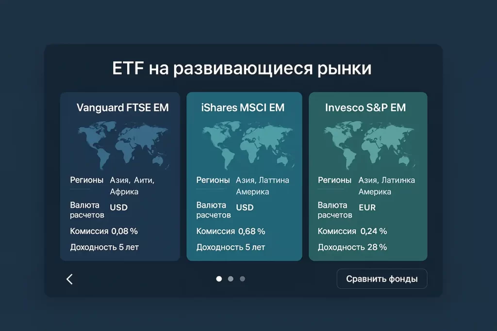 слайдер-интерфейс с тремя карточками ETF: Vanguard FTSE EM, iShares MSCI EM и Invesco S&P EM — указаны регионы, валюты, комиссии и доходность; внизу кнопка «Сравнить фонды».