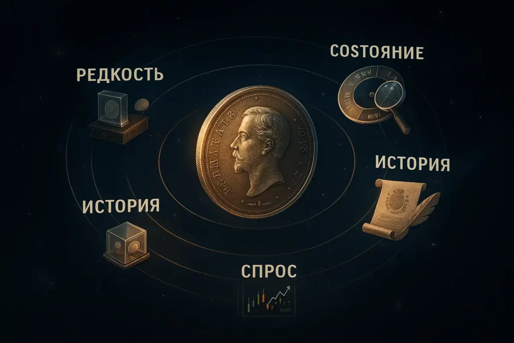 монета в виде планеты в космосе окружена четырьмя орбитами с подписями: редкость, состояние, история, спрос; каждая орбита сопровождается символами соответствующего критерия.