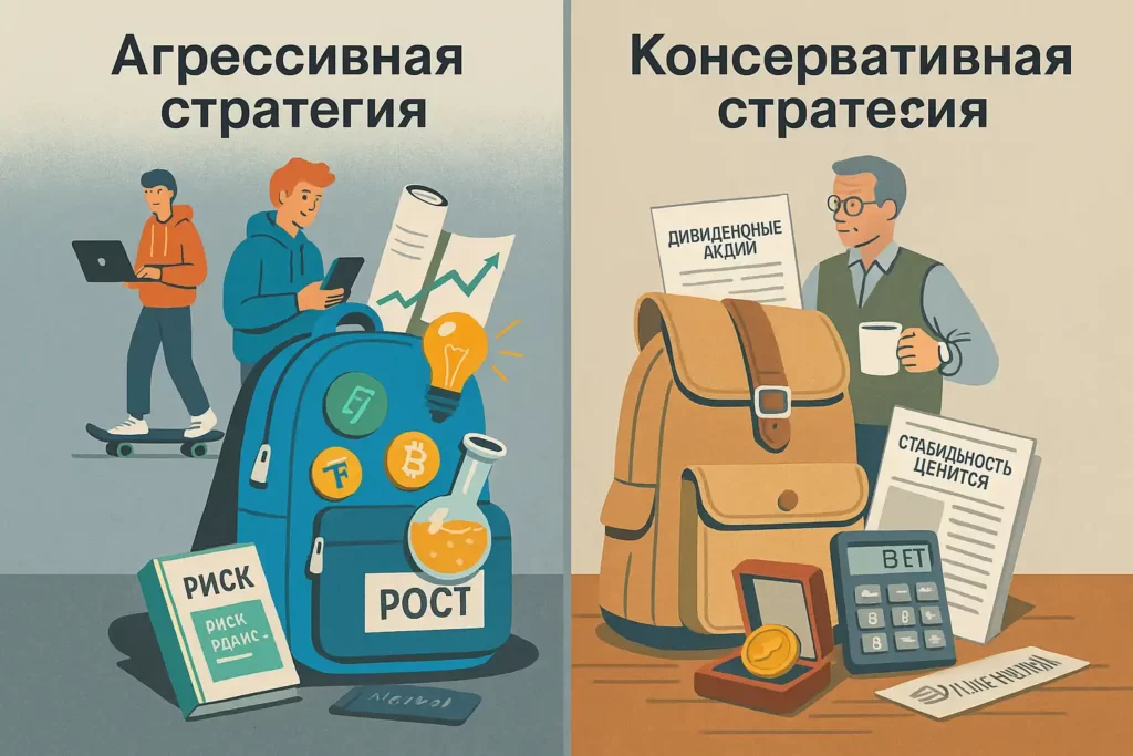 слева — молодой инвестор с синим рюкзаком, наполненным символами роста и риска; справа — зрелый инвестор с бежевым рюкзаком и предметами стабильной стратегии.