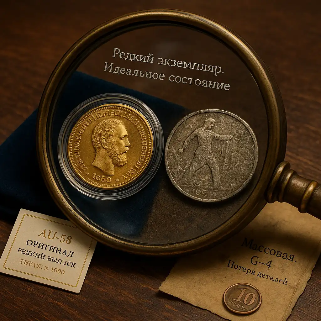 редкая золотая монета 1859 года и потёртая советская монета 1961 года под одной лупой, каждая на своей подложке; рядом карточки с экспертной оценкой.