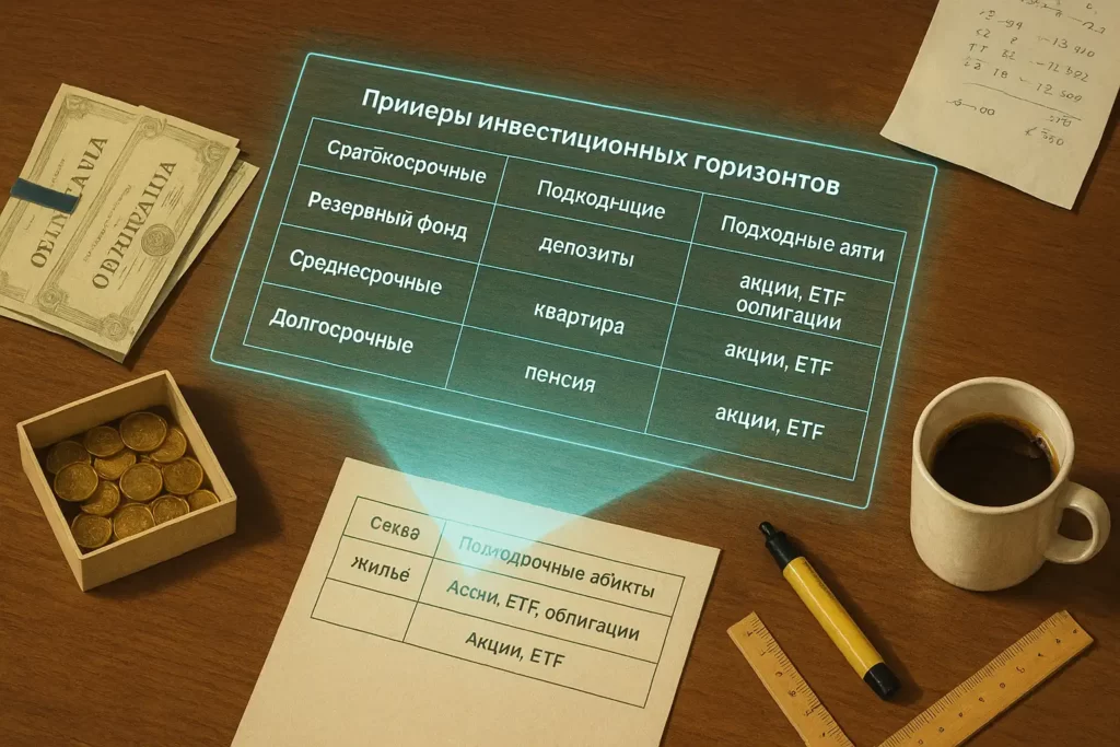 на деревянном столе проецируется голографическая таблица с примерами инвестиционных горизонтов и подходящих инструментов; вокруг — облигации, монеты, кофе, ручка и чертёж.